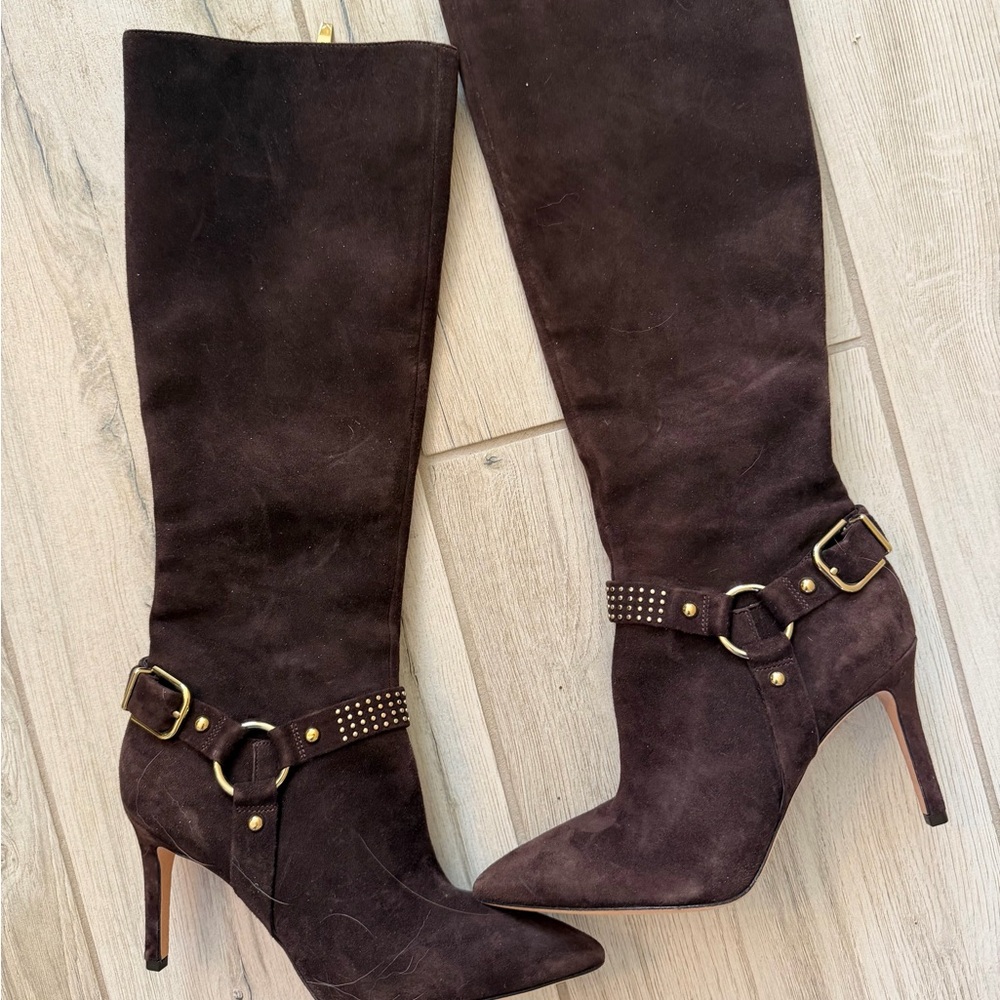 Via Spiga Dark Brown Suede Over-the-Knee Heeled Boots